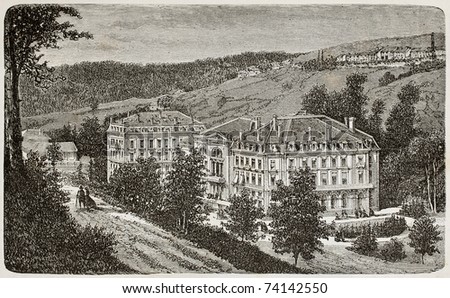 Antique illustration of Thermes Napoleon in Plombieres, France. Original, from unknown author, was published on L'Eau, by G. Tissandier, Hachette, Paris, 1873