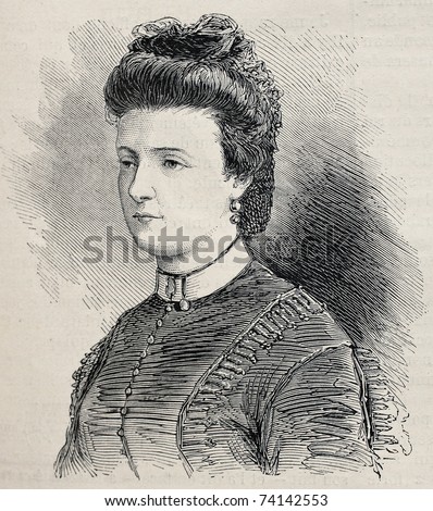 Old engraved portrait of Julie Obrenovich, widow of Prince Mihailo Obrenovich. Created by Janet-Lange after photo of  Disderi, publ. on L'Illustration, Journal Universel, Paris, 1868