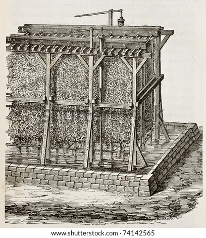 Antique illustration of saline graduation tower. Original, created by Perot, was published on L'Eau, by G. Tissandier, Hachette, Paris, 1873