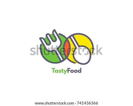 Food logo like icon. Fork and Spoon inside circles. Catering concept. Flat line vector illustration. Royalty-Free Stock Photo #741436366