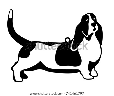 Silhouette of a dog. Zodiac symbol of the year on the Chinese calendar. Decoration on Christmas tree. Paper, wood cutout. Template suitable for laser cutting. Laser cut card. New year pattern. Basset.