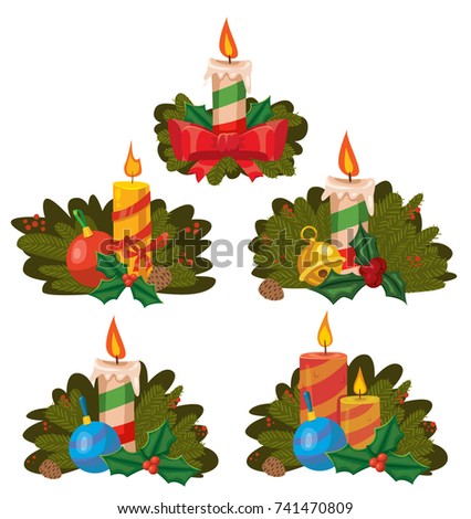 Vector cartoon color comic style illustration set of Christmas holiday candles with decoration and Christmas tree branches. Christmas symbols collection isolated on white. Greeting card design element