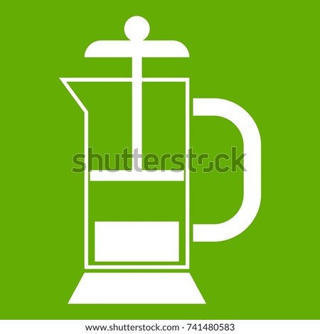 French press coffee maker icon white isolated on green background. Vector illustration