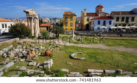 Photo of iconic arcaheological site of Roman Forum, Athens historic center, Attica, Greece     
