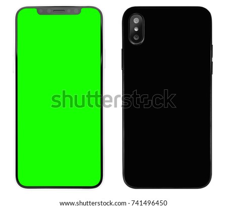 New phone xs smart phone concept with double photo camera.Big touch screen cell phone.Place mobile app logo on green chroma key touchscreen