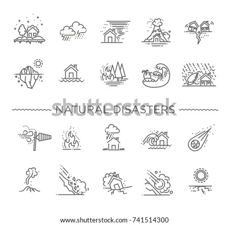 Natural Disaster, Vector illustration of thin line icons Royalty-Free Stock Photo #741514300