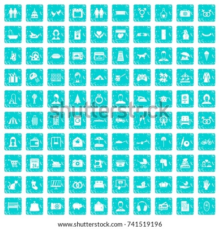100 family icons set in grunge style blue color isolated on white background vector illustration