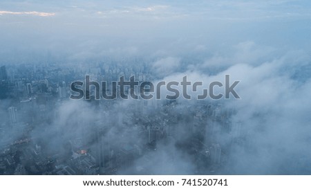 Aerial View of Shanghai city in the morning fog