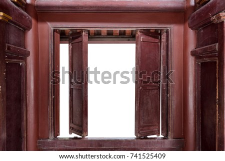Open old wooden door, copy space white background
