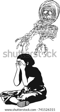 Vector art drawing of Depressed young woman overwhelmed by fear on white background