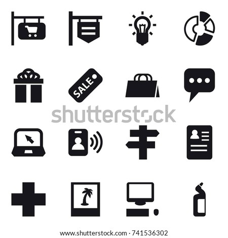 16 vector icon set : shop signboard, bulb, circle diagram, gift, sale, shopping bag, message, notebook, pass card, singlepost, photo, toilet cleanser