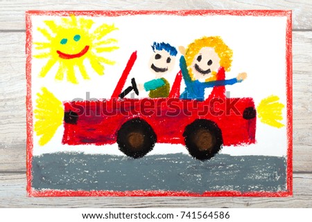 Photo of a colorful drawing: Smiling couple sitting on their cabriolet car.  Car with a roof.