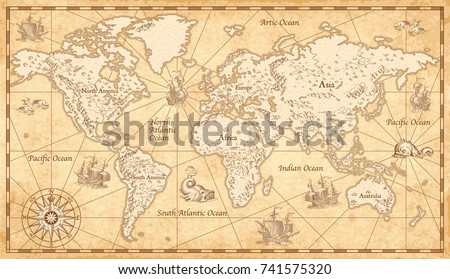 Great Detail Illustration of the world map in vintage style with mountains, trees, cities and main rivers on a old parchment background. 