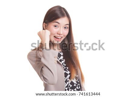 Successful  young Asian woman hold fist up isolated on white background