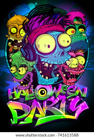 Halloween party vector poster with monster heads, vector illustration