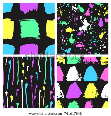 Set of Hand drawn seamless patterns with neon paint forms. Abstract brush background. Grunge vector illustration acid squares, triangles, drop, blot