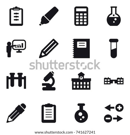 16 vector icon set : clipboard, marker, calculator, round flask, presentation, pencil, copybook, university, school