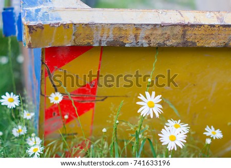 beautiful picture of rusty yellow steel rubbish skip dumpster with hazard strip surrounded by wild flowers and weeds