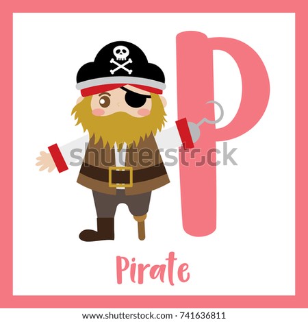 Cute children ABC alphabet P letter flashcard of Pirate for kids learning English vocabulary in Happy Halloween Day theme. Vector illustration.
