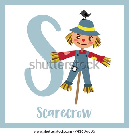 Cute children ABC alphabet S letter flashcard of Scarecrow for kids learning English vocabulary in Happy Halloween Day theme. Vector illustration.