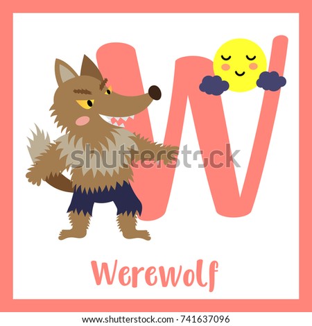 Cute children ABC alphabet W letter flashcard of Werewolf and moon for kids learning English vocabulary in Happy Halloween Day theme. Vector illustration.
