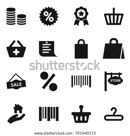 16 vector icon set : coin stack, percent, medal, basket, add to basket, shopping list, shopping bag, sale, barcode, store signboard, real estate, hanger