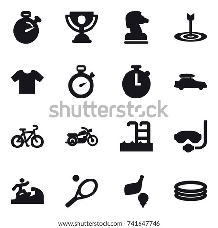 16 vector icon set : stopwatch, trophy, chess horse, target, t-shirt, car baggage, bike, motorcycle, pool, diving mask, surfer, tennis, golf, inflatable pool