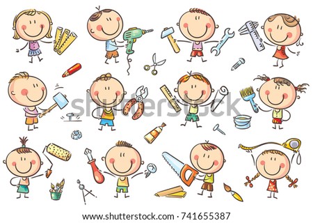Funny cartoon kids with different tools for construction, measurements, painting. No gradients used, easy to print and edit. Vector files can be scaled to any size.