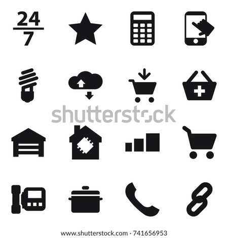 16 vector icon set : 24/7, star, calculator, touch, bulb, cloude service, add to cart, add to basket, garage, smart house, cart, intercome, pan