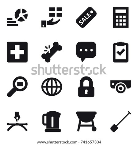16 vector icon set : diagram, gift, sale, calculator, globe, locked, surveillance camera, kettle, shovel