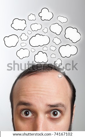 Young man with Speech Bubbles over his head