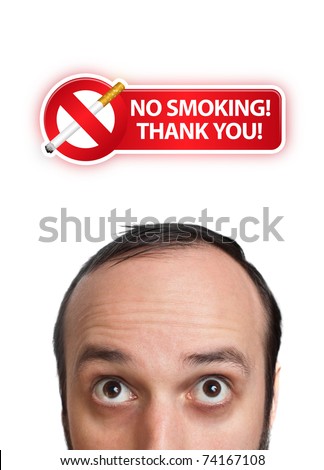 Young man with NO SMOKING sign over his head 2, isolated on white background