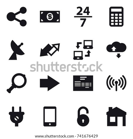 16 vector icon set : share, money, 24/7, calculator, satellite antenna, up down arrow, notebook connect, cloude service, magnifier, right arrow, wireless, house