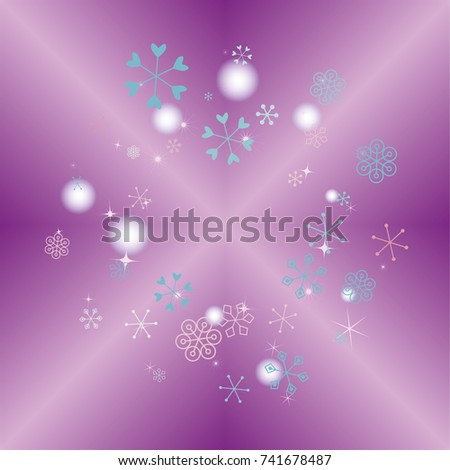Round Christmas background with random scatter falling colorful snowflakes, blurred lights and sparkles on a lilac gradient background