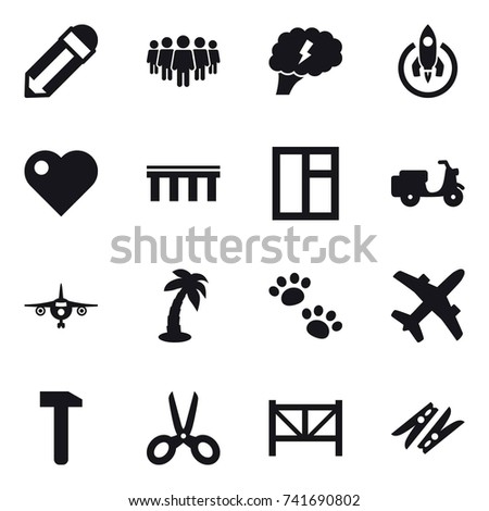 16 vector icon set : pencil, team, brain, rocket, heart, bridge, window, plane, palm, pets, scissors, farm fence, clothespin