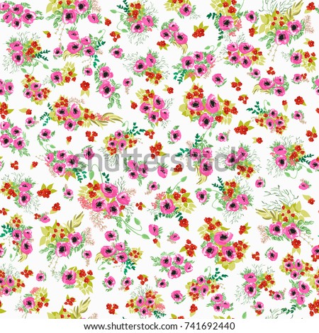 Seamless pattern in small pretty pink flowers. Poppy bouquets. Liberty style millefleurs. Floral background for textile, wallpaper, pattern fills, covers, surface, print, wrap, scrapbooking, decoupage