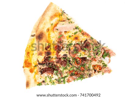 Slice of hot delicious homemade pepperoni italian pizza with salami mozzarella cheese and tomato sauce. Traditional fast food dish concept. Detailed close up studio shot isolated on a white background