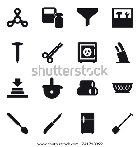 16 vector icon set : spinner, scales weight, funnel, tools, nail, safe, stands for knives, kolander, big spoon, knife, shovel