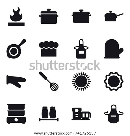 16 vector icon set : pan, saute pan, chef  hat, apron, cook glove, whisk