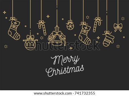 Vector linear design Christmas greetings card on golden color. Typography ang icon for Xmas background, banners or posters and other printables. Winter holidays design elements Royalty-Free Stock Photo #741732355