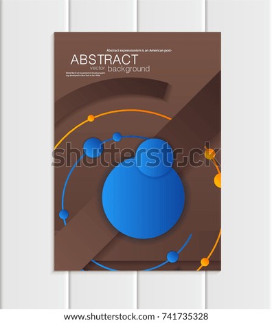 Stock vector brochure A5 or A4 format in material design style. Design business templates with abstract blue round shapes on brown background for printed material, element site, card, cover, wallpaper
