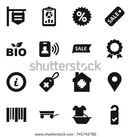 16 vector icon set : shop signboard, report, percent, sale, bio, pass card, medal, info, smart house, trailer, handle washing, please clean