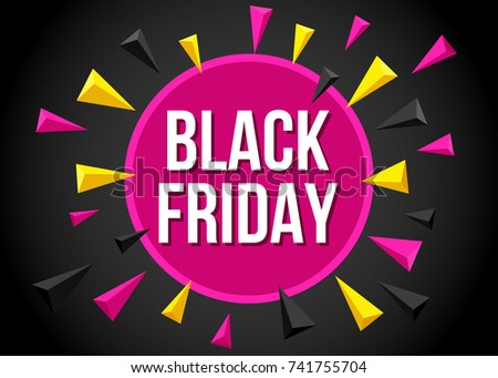 Black Friday  sale poster template with flying pink and yellow  triangular pyramids. Vector illustration for discount and  offer banner  background.