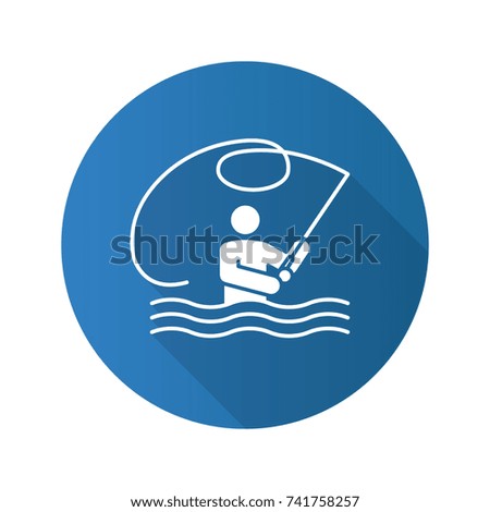 Fly fishing flat design long shadow glyph icon. Fisherman. Man with fishing rod. Vector silhouette illustration