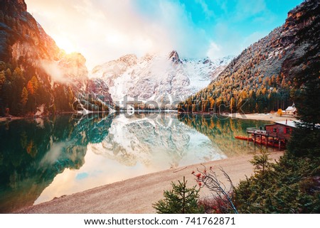 Scenic image of alpine lake Braies (Pragser Wildsee). Location Dolomiti, national park Fanes-Sennes-Braies, Italian Alps Europe. Fabulous wallpapers. Explore the beauty of earth. Tourism concept. 
