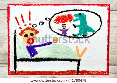 Photo of colorful drawing: little boy has nightmares. Scary nightmare creature