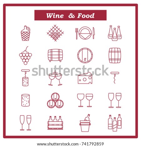 Set of wine icons. Vector illustration with bottles and wine glasses, food, barrel