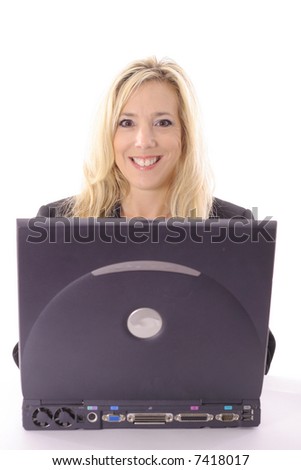 happy beautiful blonde checking email