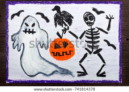 Halloween drawing: Bad ghost, skeleton, pumpkin and raven