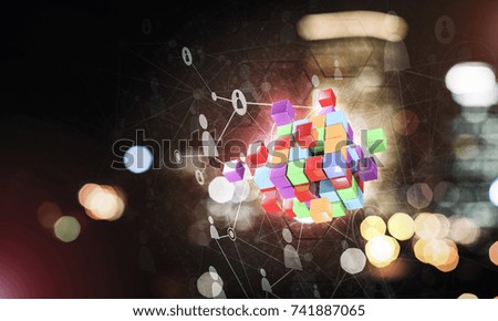 Conceptual background image with cube figure and social connection lines. 3d rendering
